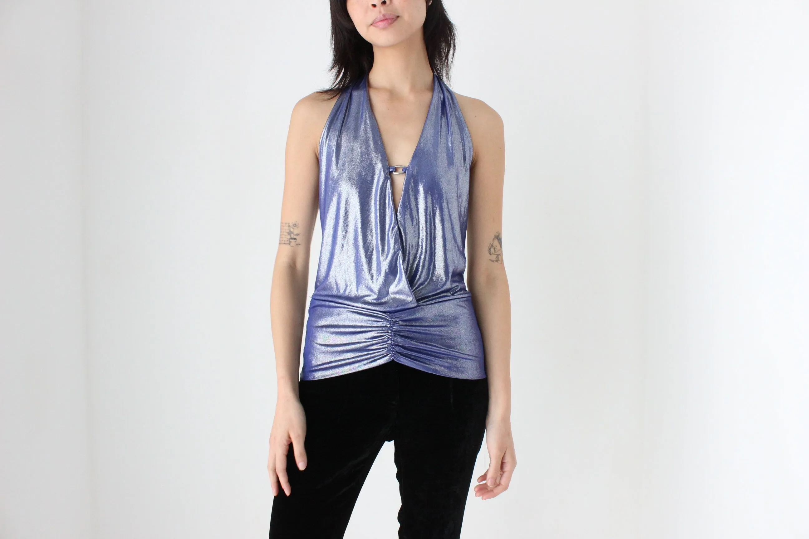 Sexiest Y2K Metallic Disco Plunge Halter Top