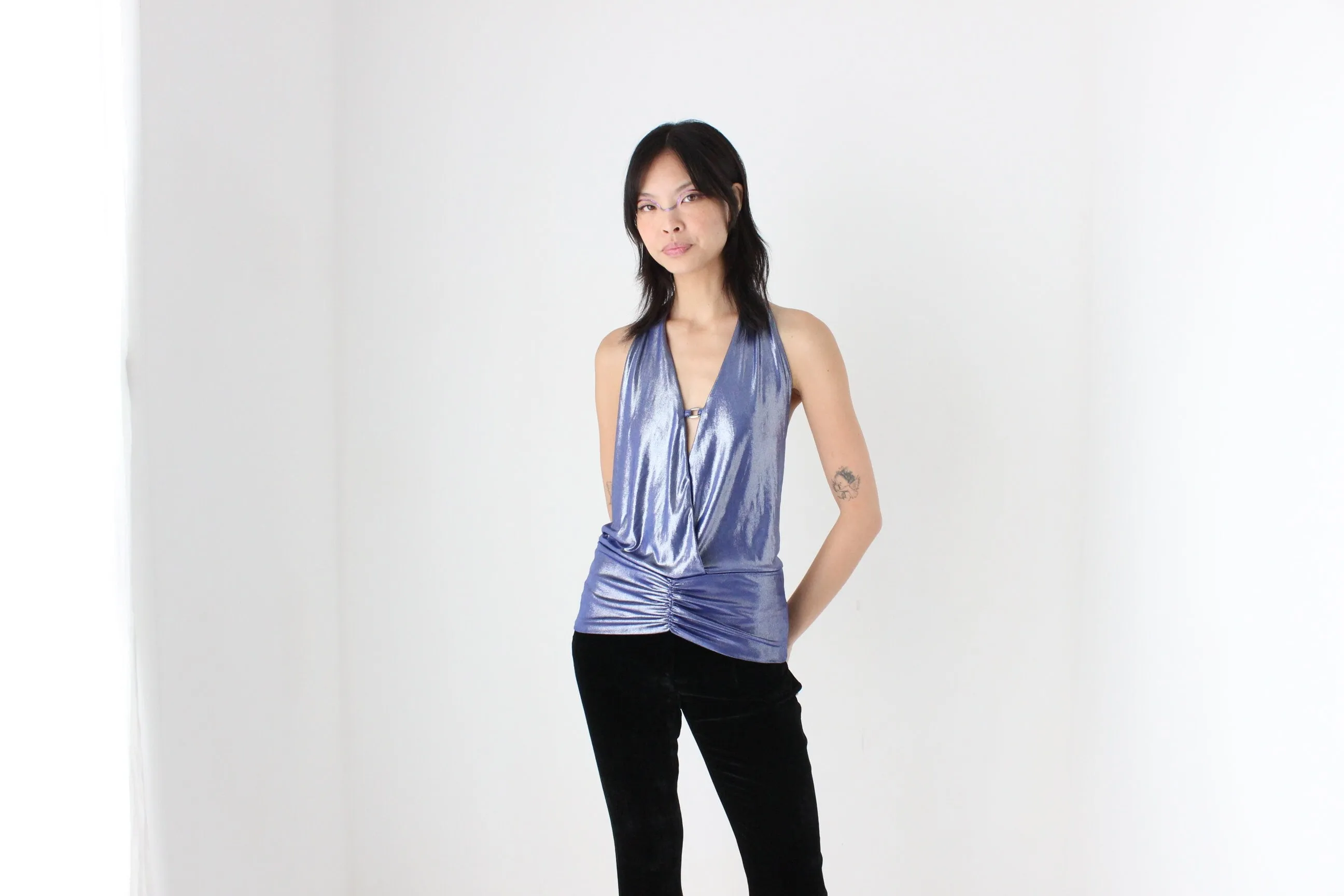 Sexiest Y2K Metallic Disco Plunge Halter Top