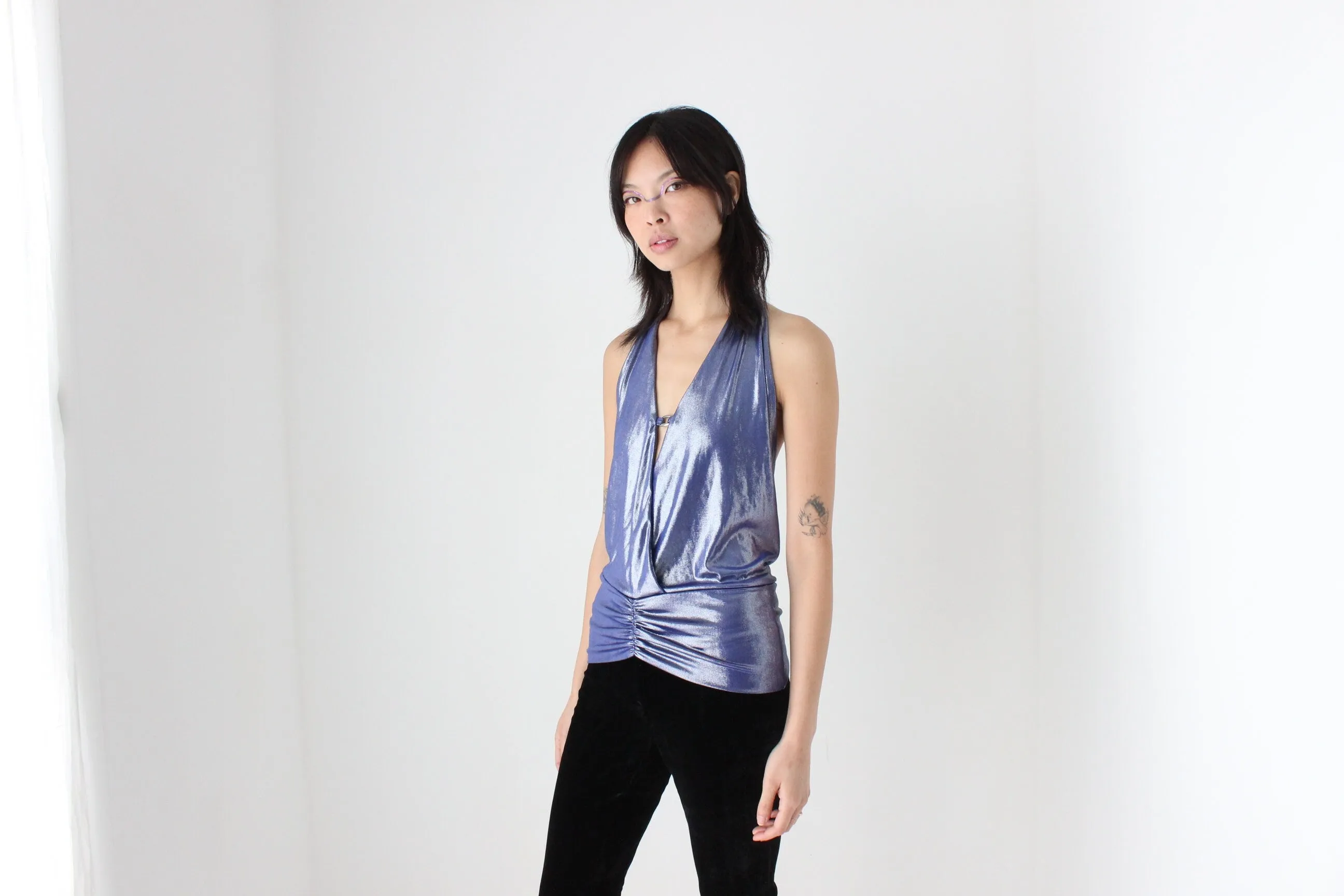 Sexiest Y2K Metallic Disco Plunge Halter Top