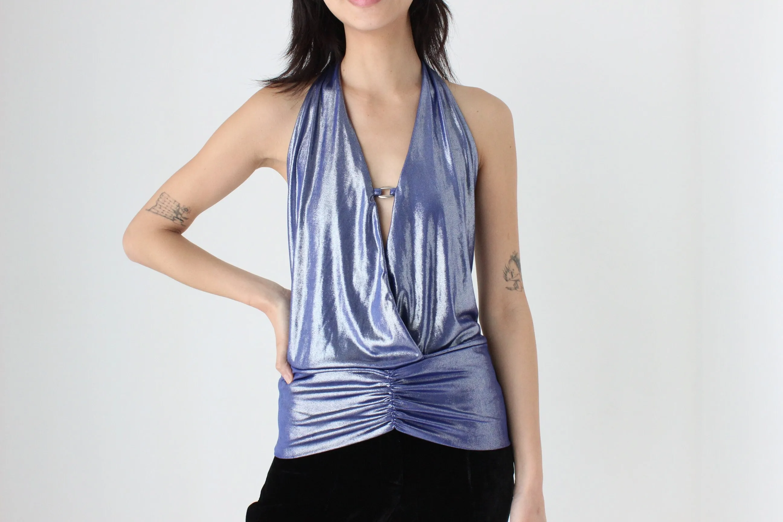 Sexiest Y2K Metallic Disco Plunge Halter Top