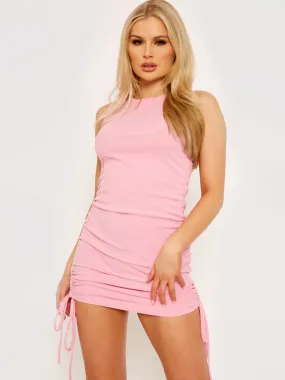 Silvana Sleeveless Ribbed Ruched Dress In Pink