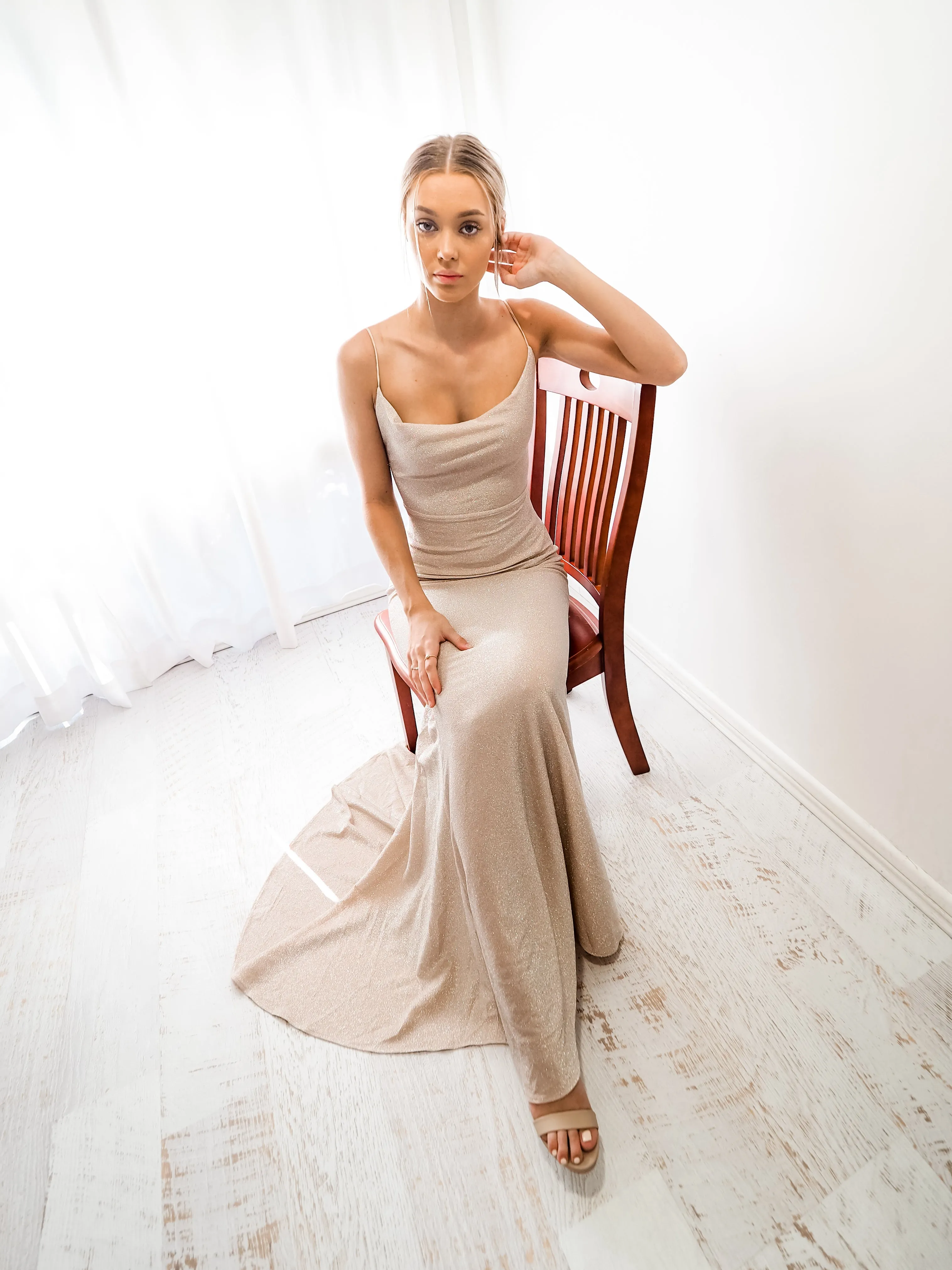 Sparkling gold nude cowl neck mermaid dress