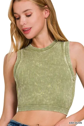 STONE WASHED RIBBED SEAMLESS CROP TOP W BRA PAD