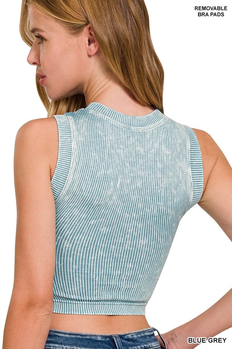 STONE WASHED RIBBED SEAMLESS CROP TOP W BRA PAD