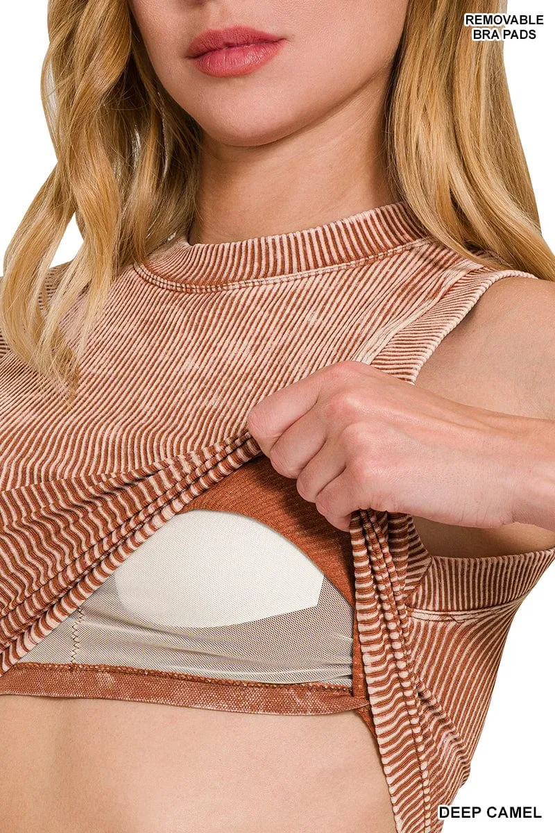STONE WASHED RIBBED SEAMLESS CROP TOP W BRA PAD