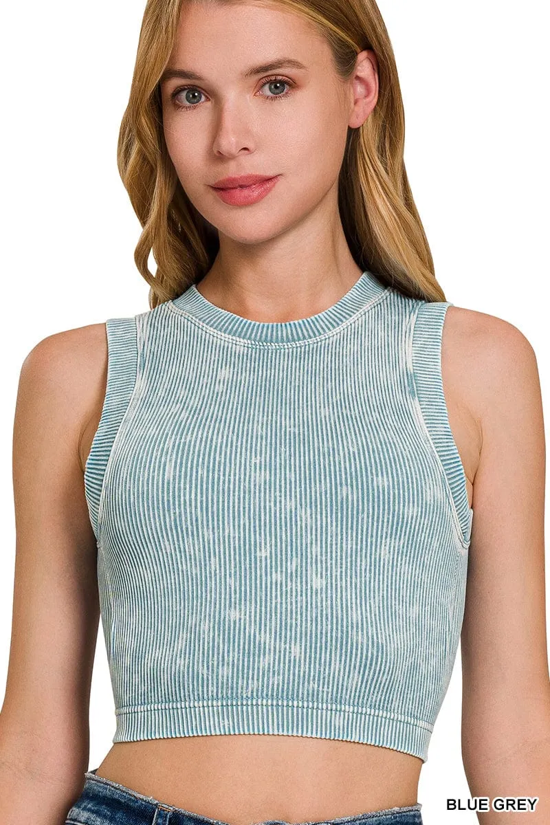 STONE WASHED RIBBED SEAMLESS CROP TOP W BRA PAD