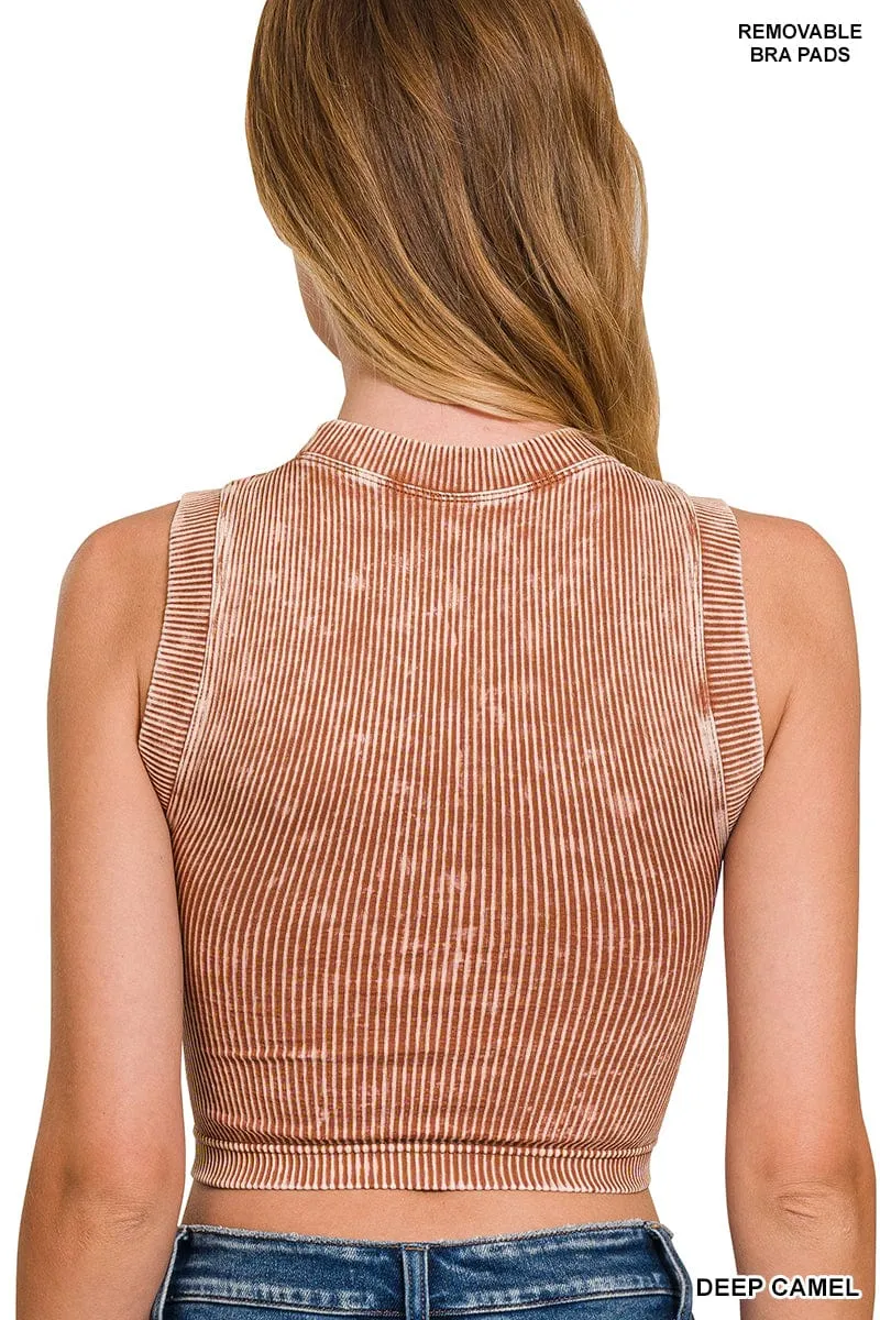 STONE WASHED RIBBED SEAMLESS CROP TOP W BRA PAD