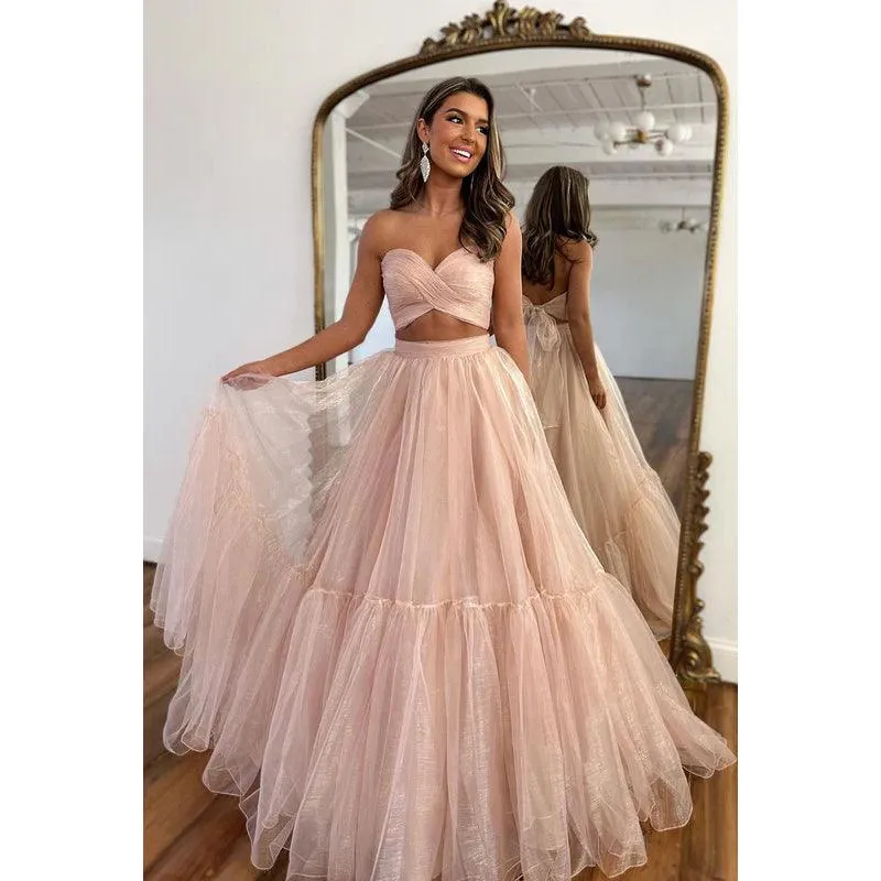 Sweetheart Strapless Ruched Tulle A-Line Long Homecoming Court Dress