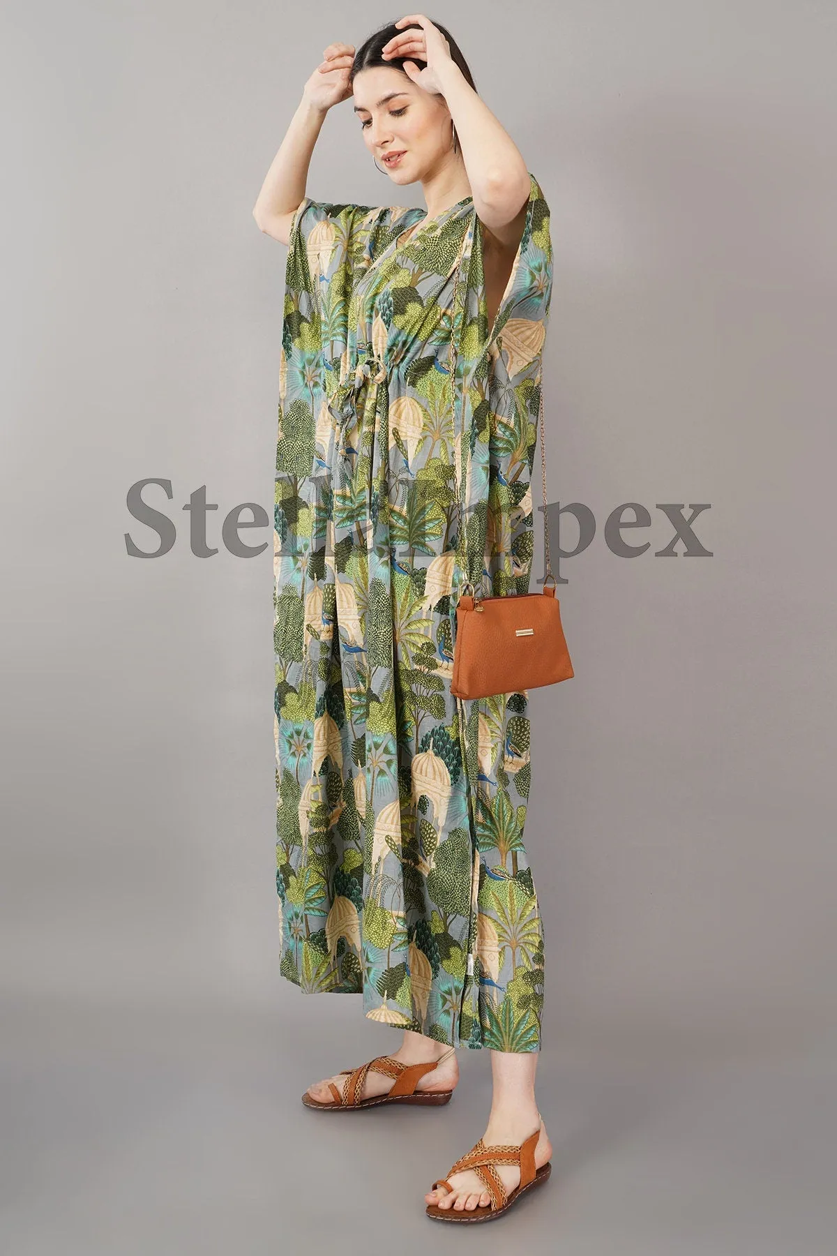 Trendy Cotton Kaftan Elegant Green & Grey Long Caftan Resort Wear Beach Dress Boho Kaftan, Gift for Her