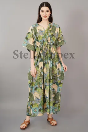 Trendy Cotton Kaftan Elegant Green & Grey Long Caftan Resort Wear Beach Dress Boho Kaftan, Gift for Her