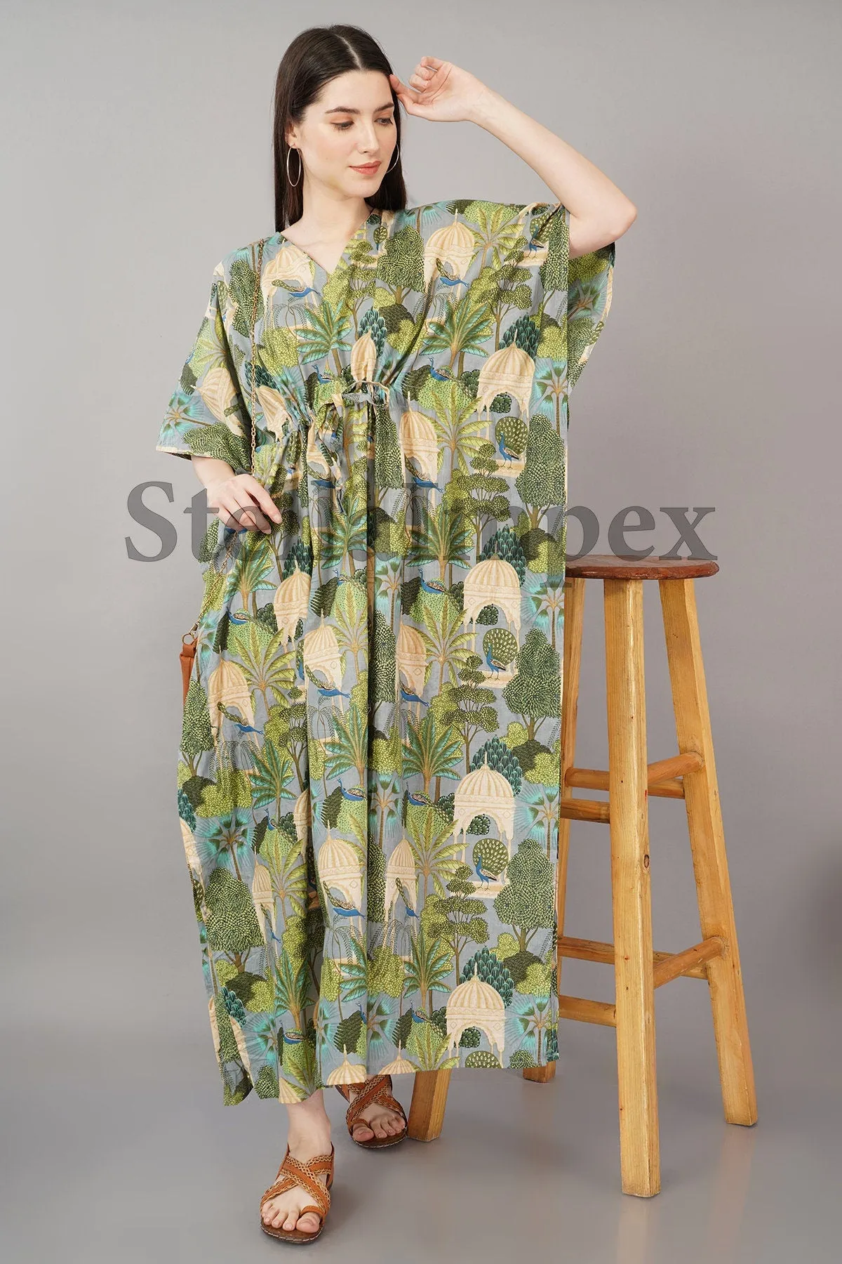 Trendy Cotton Kaftan Elegant Green & Grey Long Caftan Resort Wear Beach Dress Boho Kaftan, Gift for Her