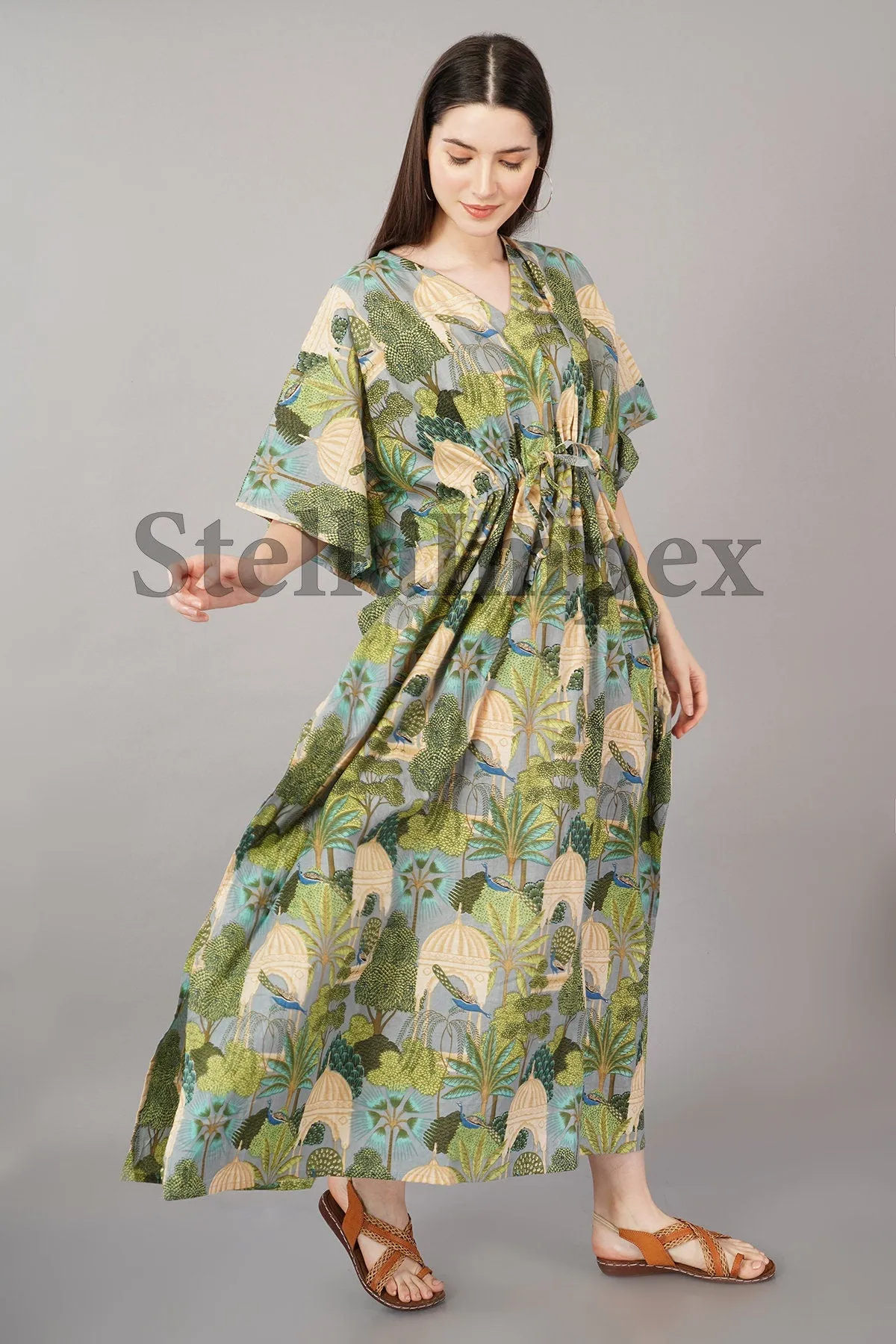Trendy Cotton Kaftan Elegant Green & Grey Long Caftan Resort Wear Beach Dress Boho Kaftan, Gift for Her