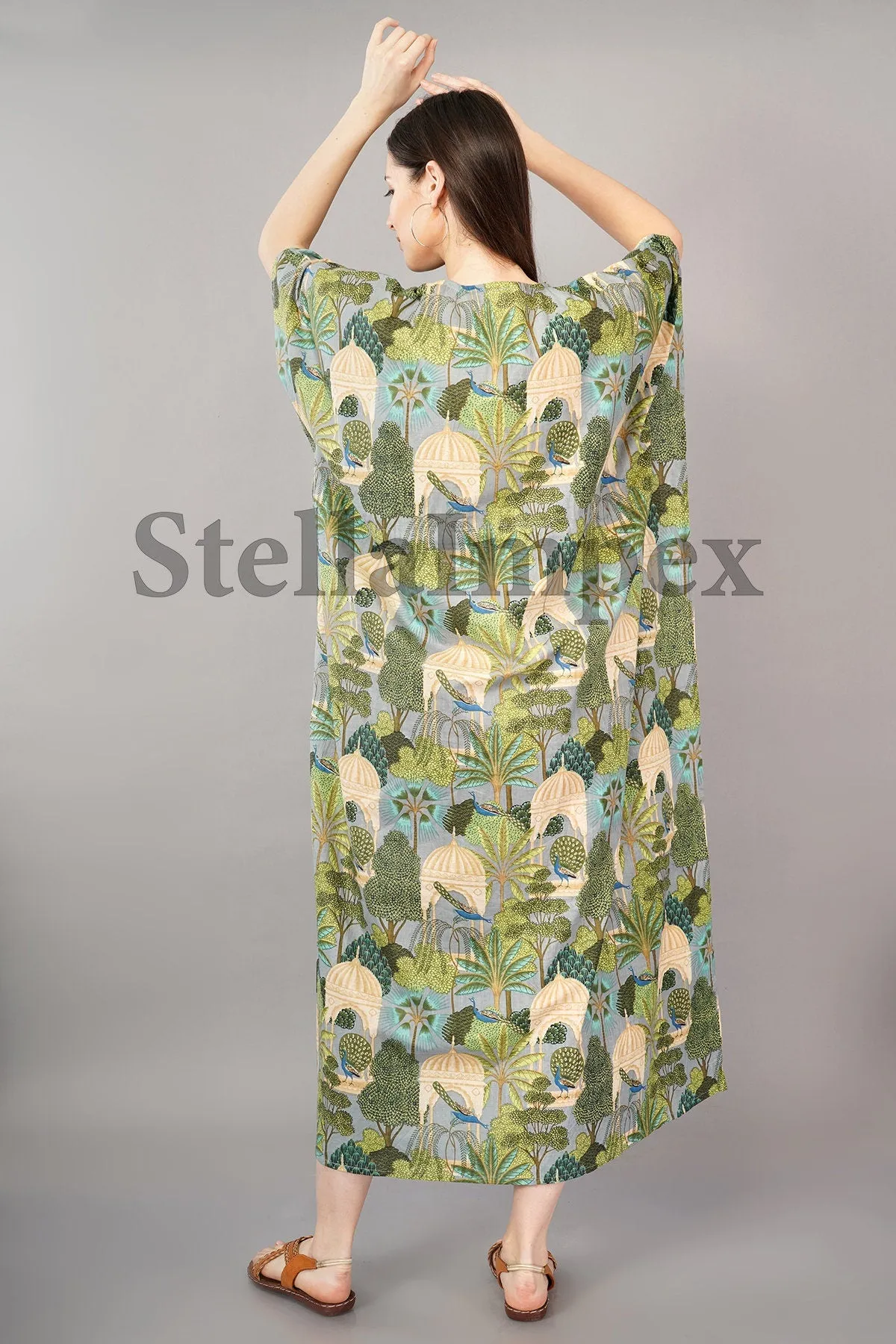 Trendy Cotton Kaftan Elegant Green & Grey Long Caftan Resort Wear Beach Dress Boho Kaftan, Gift for Her