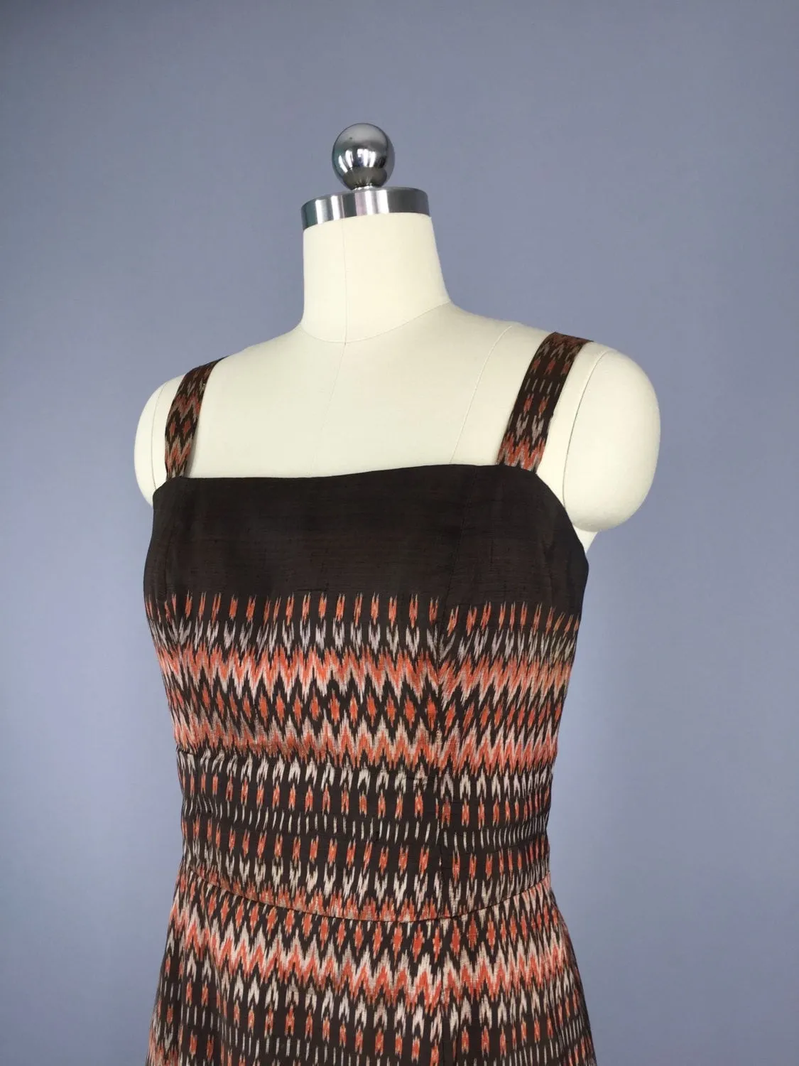 Vintage 1960s Sundress / Brown Ikat