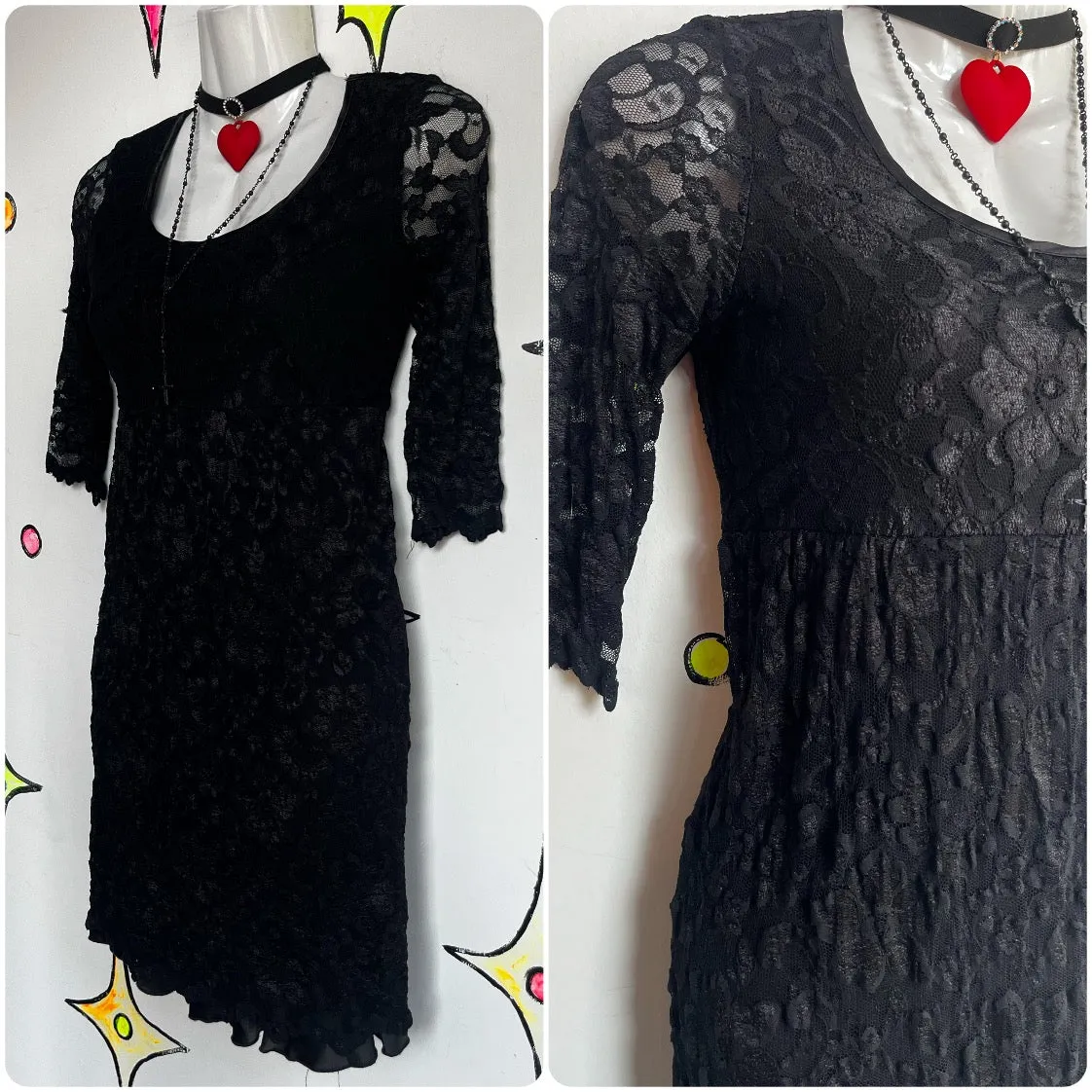 Vintage 90s Y2K Black Lace Sheer Babydoll Whimsy Goth Fairy Grunge Mini Dress S