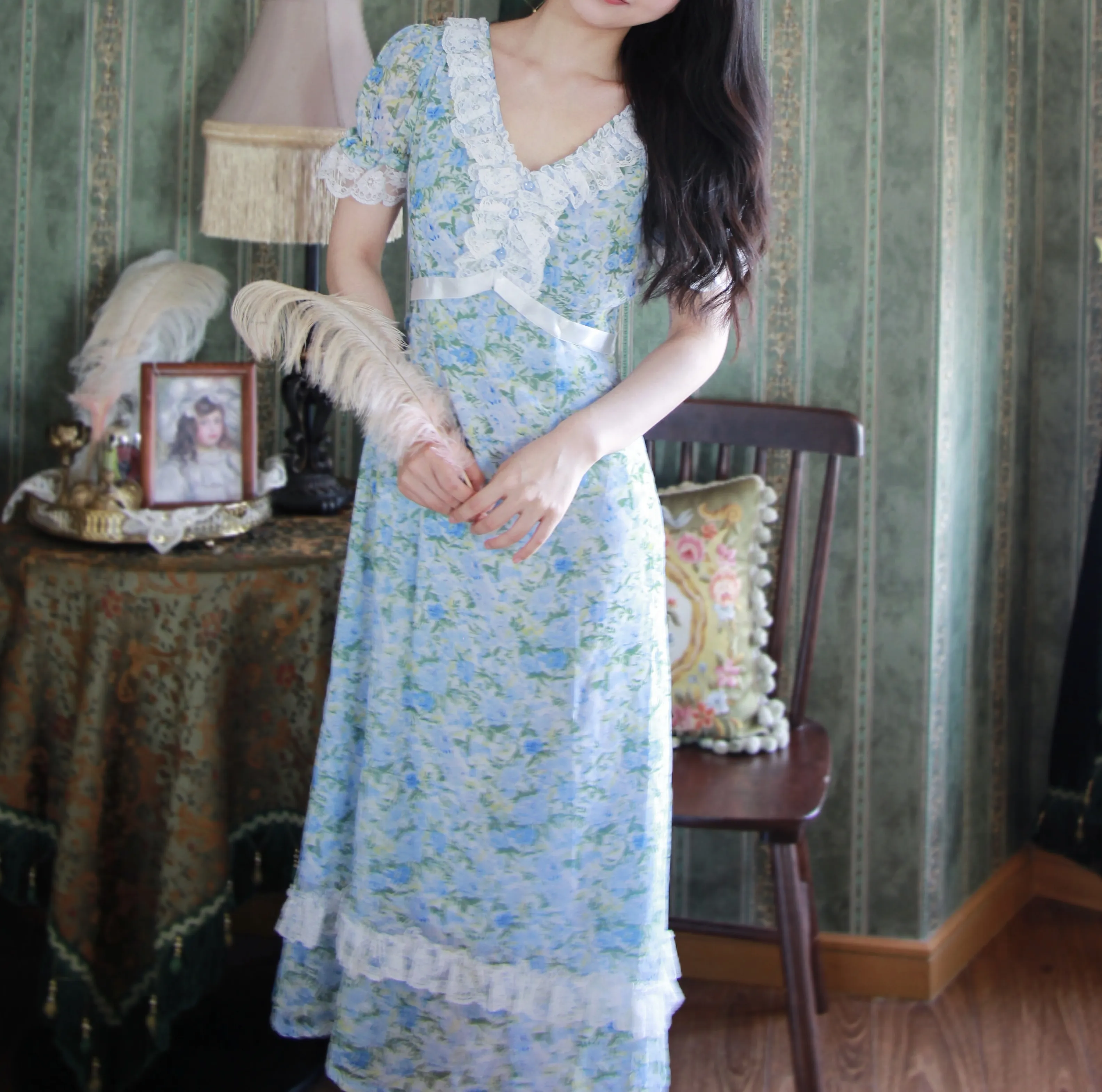 Vintage Remake Floral Regency Dress