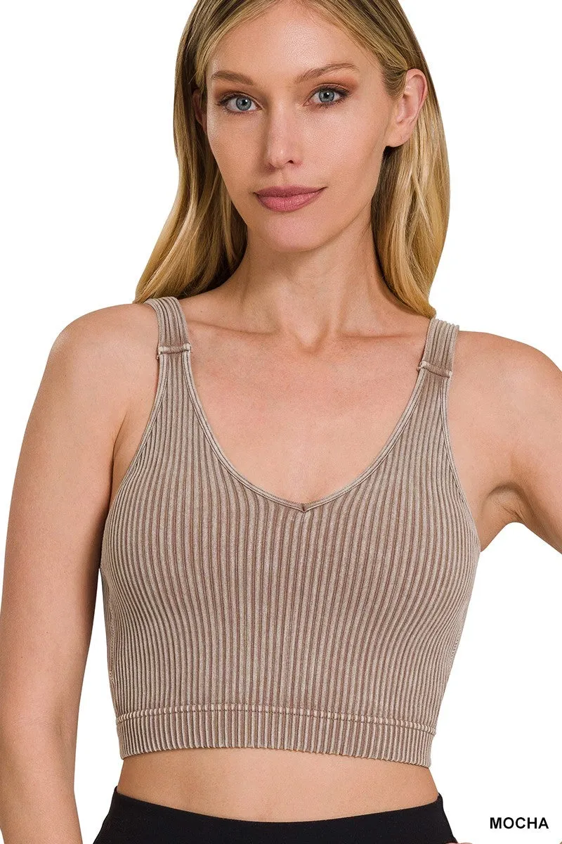 Washed Ribbed Cropped Seamless Bra Padded Tank Top