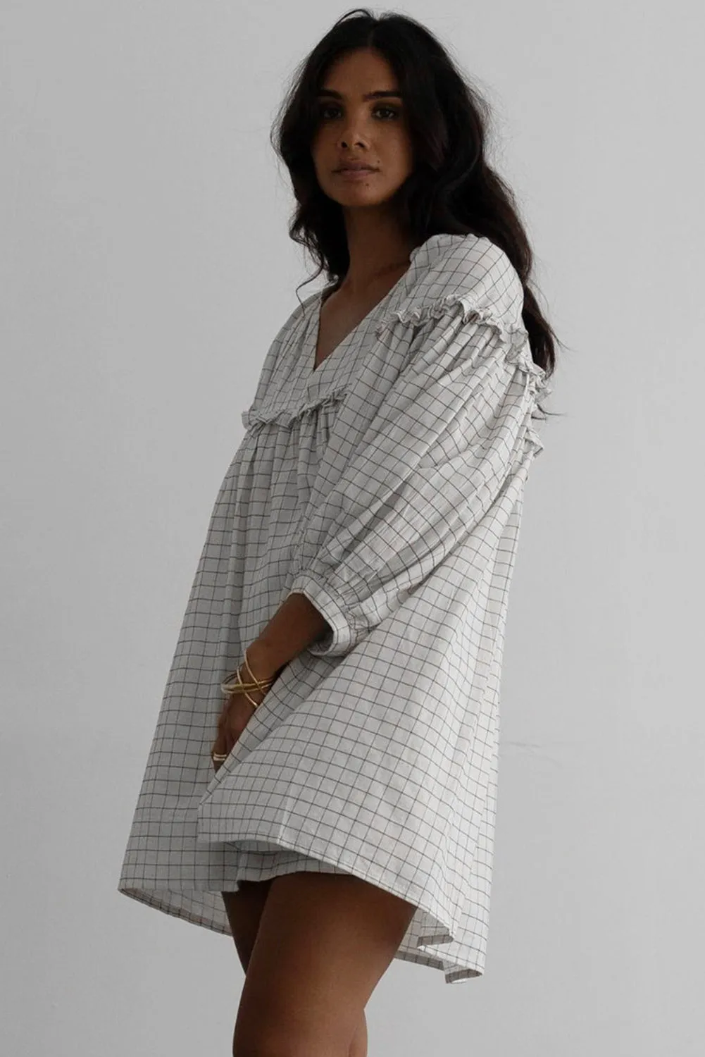 White Checkered Frilled Babydoll Dress