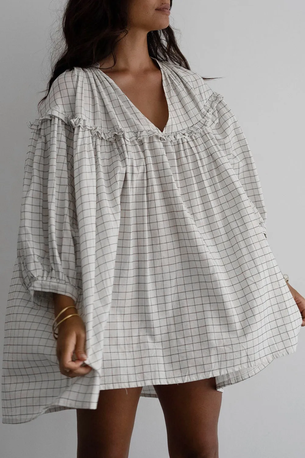White Checkered Frilled Babydoll Dress