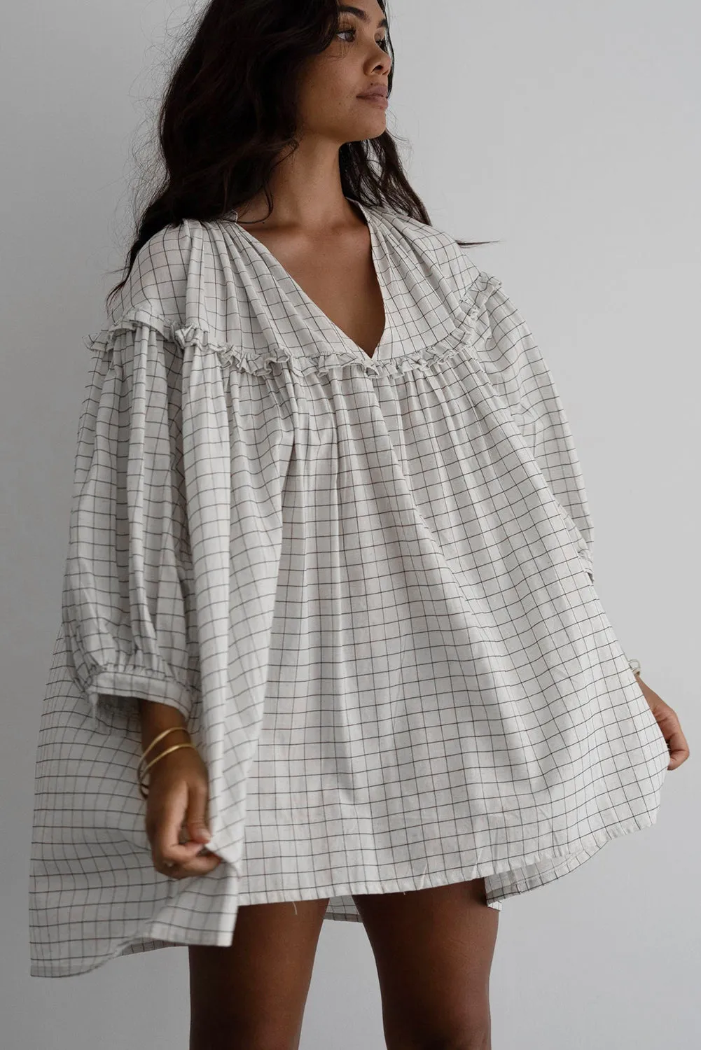 White Checkered Frilled Babydoll Dress