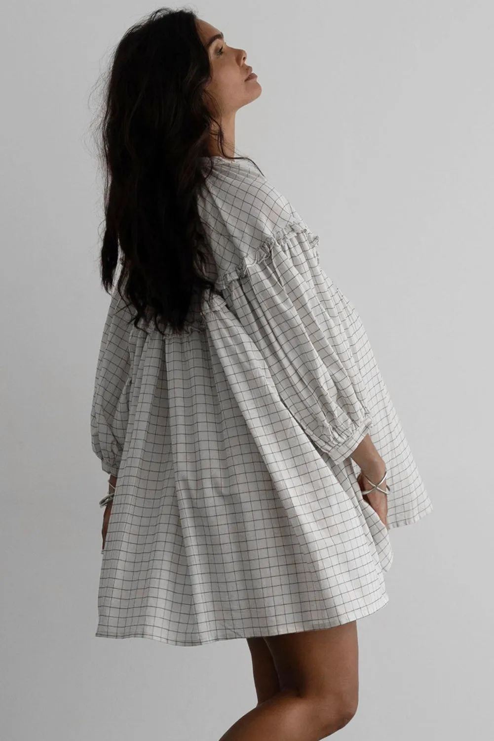 White Checkered Frilled Babydoll Dress
