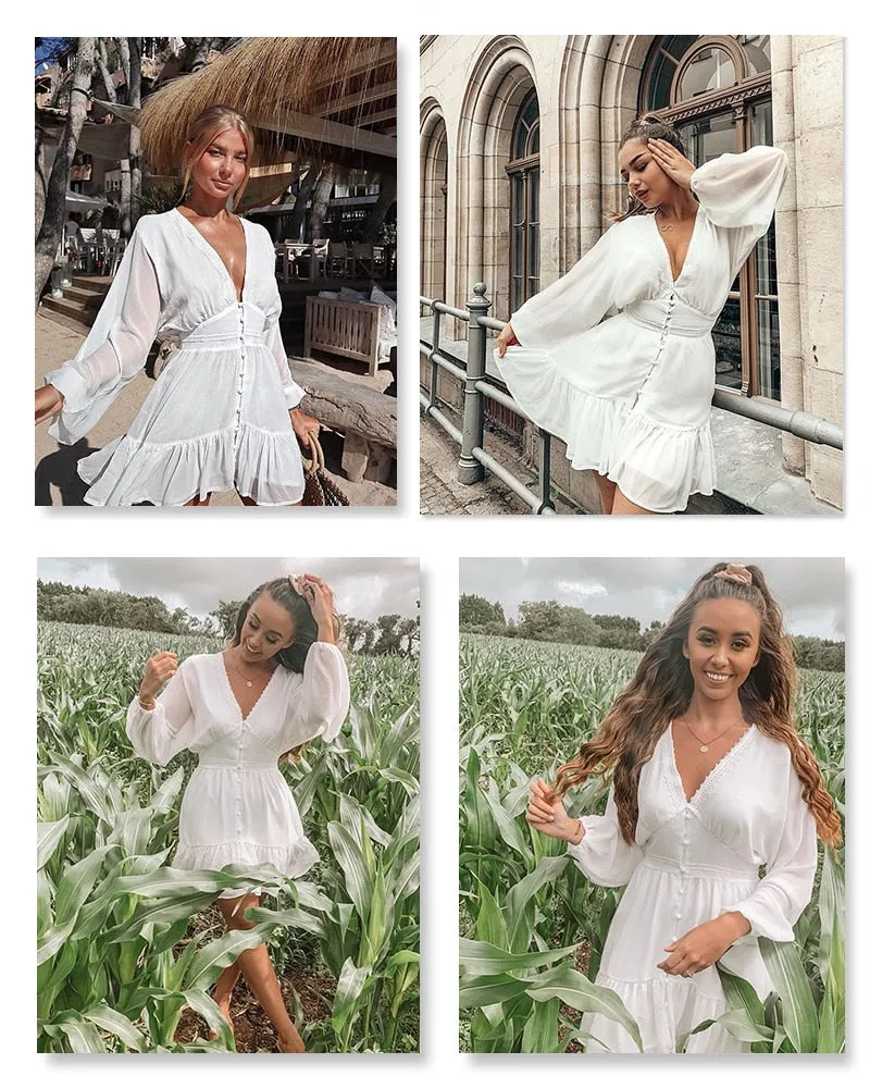 White lace long sleeve mini party dress