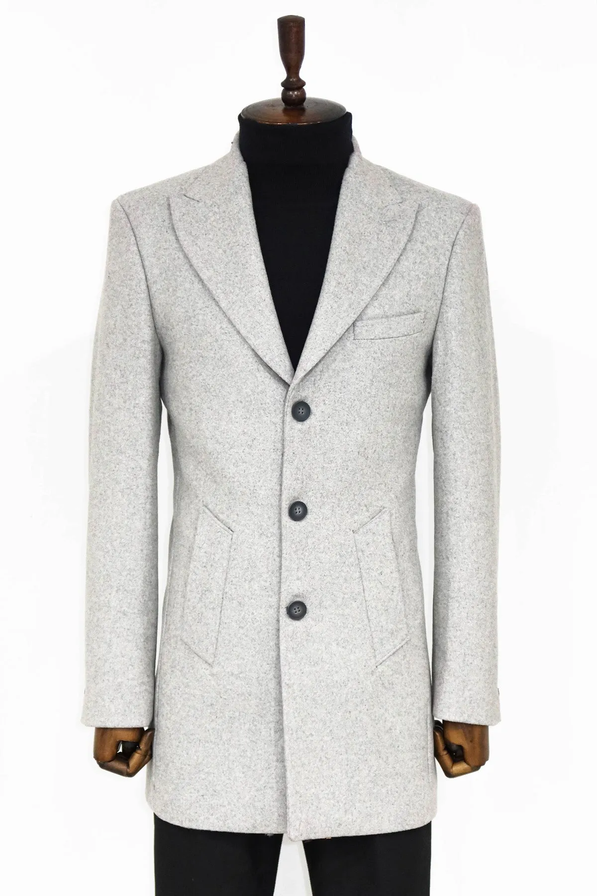 Wide Lapel Wool Grey Men Coat - Wessi