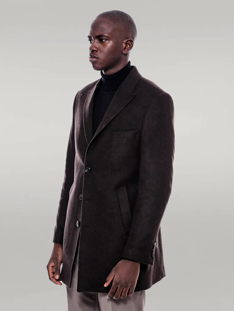Wide Pointed Collar Over Knee Brown Men Coat - Wessi