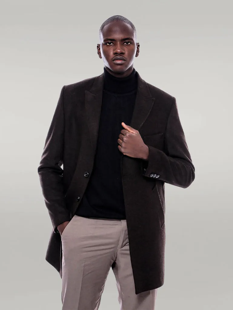 Wide Pointed Collar Over Knee Brown Men Coat - Wessi