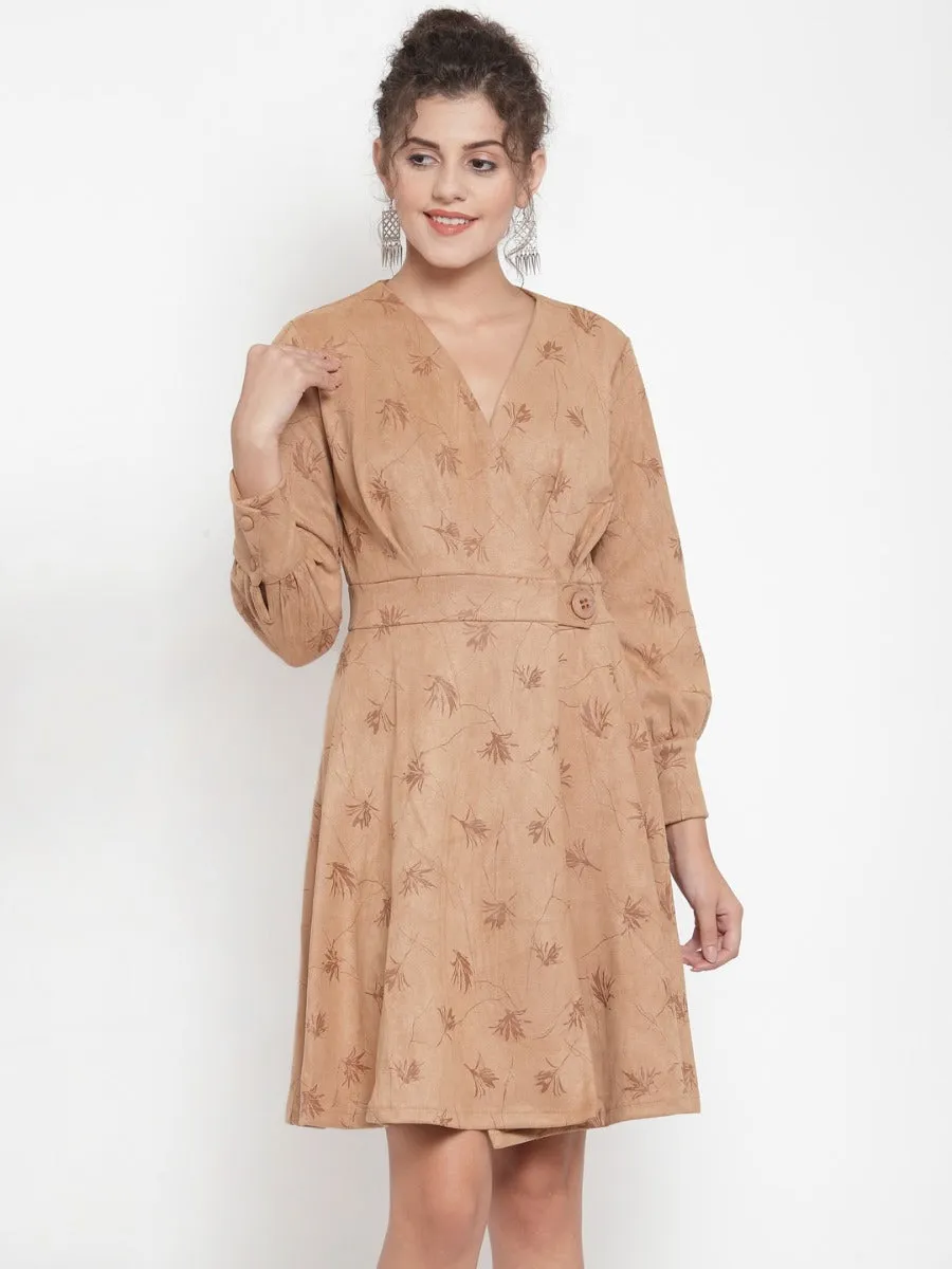 Women Printed Khaki V-Neck Dress