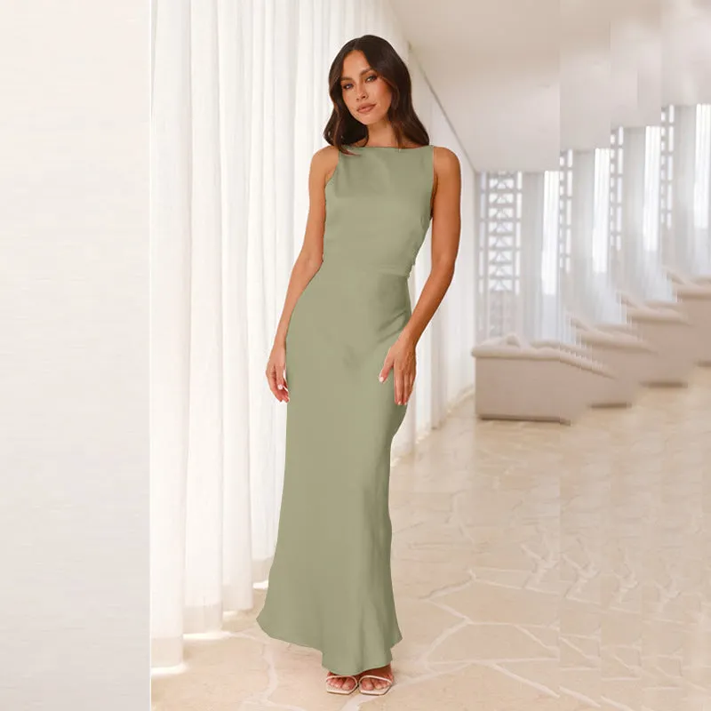 Women Satin Sexy Backless Long Fishtail Formal Dress