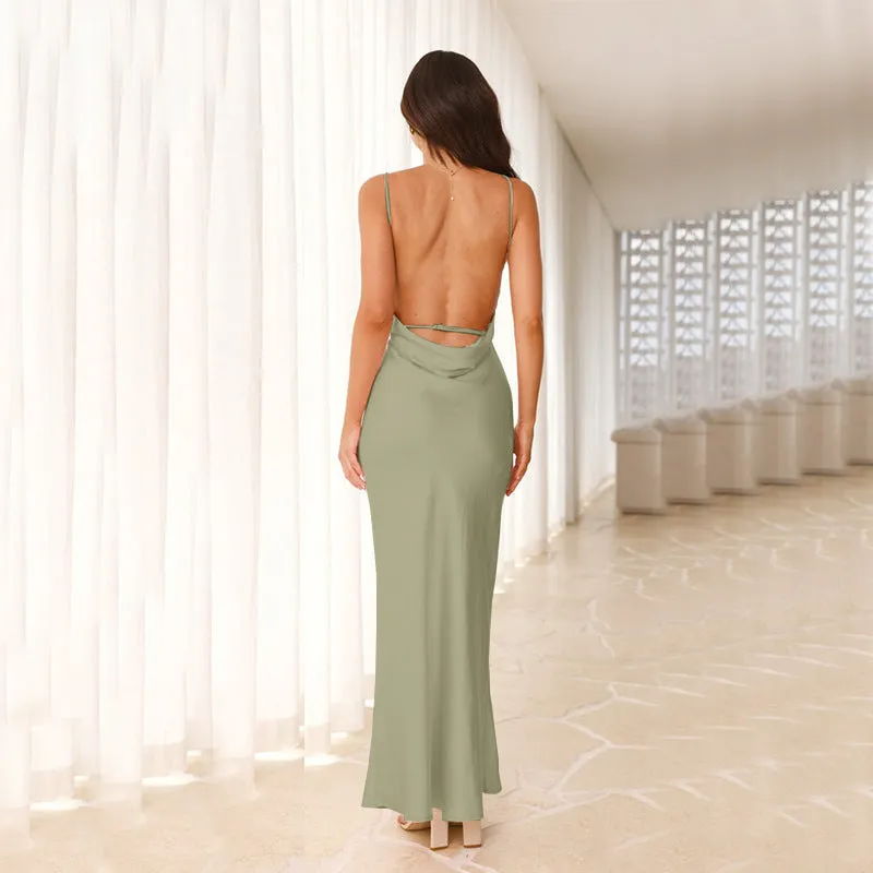 Women Satin Sexy Backless Long Fishtail Formal Dress