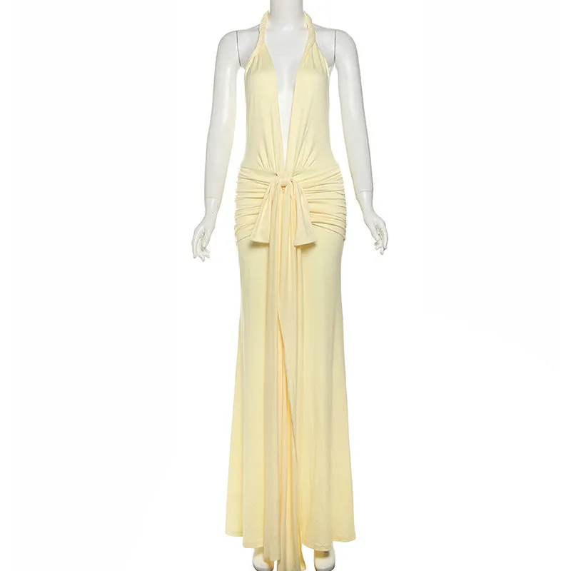 Women Sexy Backless Halter Deep V Neck Split Dress