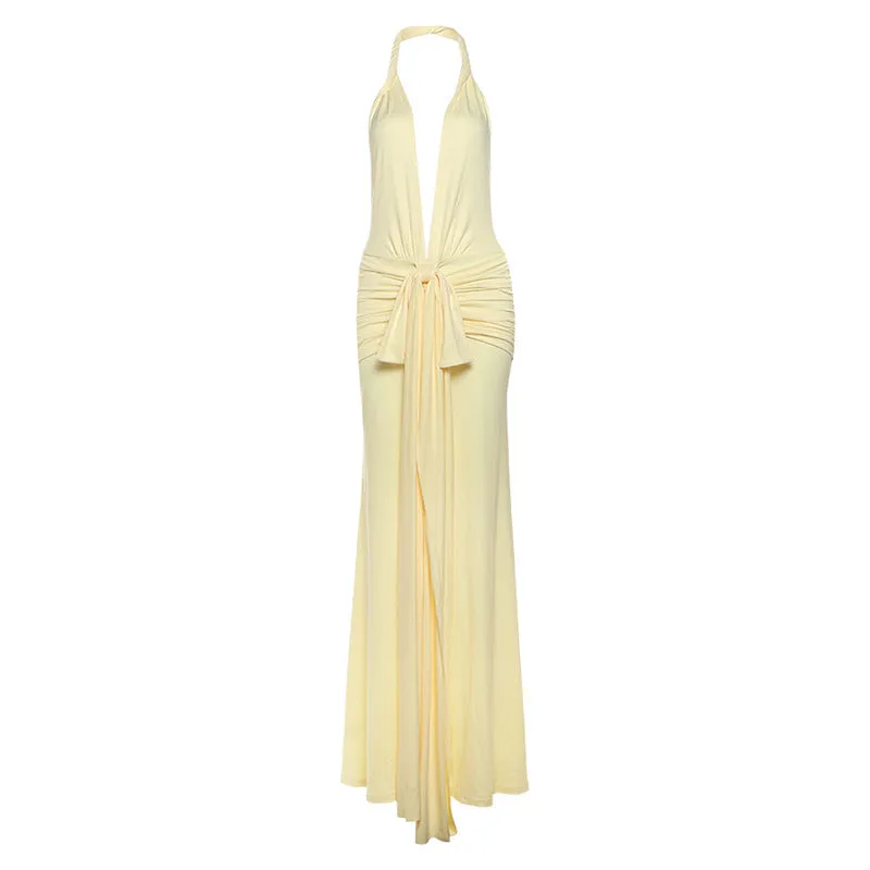 Women Sexy Backless Halter Deep V Neck Split Dress