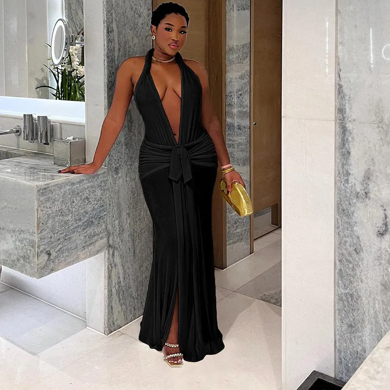 Women Sexy Backless Halter Deep V Neck Split Dress