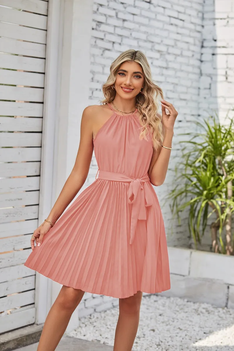 Women’s Halter Neck Pleated Chiffon Midi Dress with Waist Tie in 8 Colors S-XXL