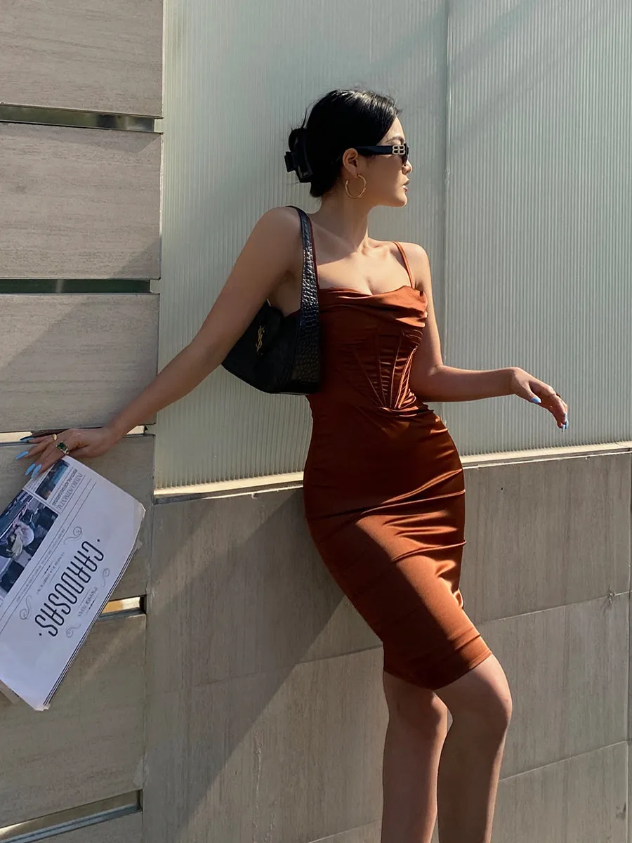 Women's Sleeveless Midi Cocktail Dress with Corset and Spaghetti Straps