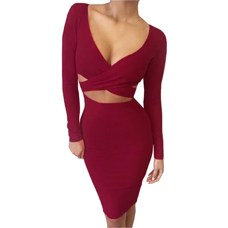 Women's Spring/Autumn Long-Sleeved Elastic Bandage Midi Dress