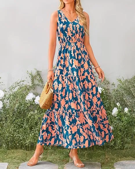 Women's V-Neck Sleeveless Printed Maxi Dress