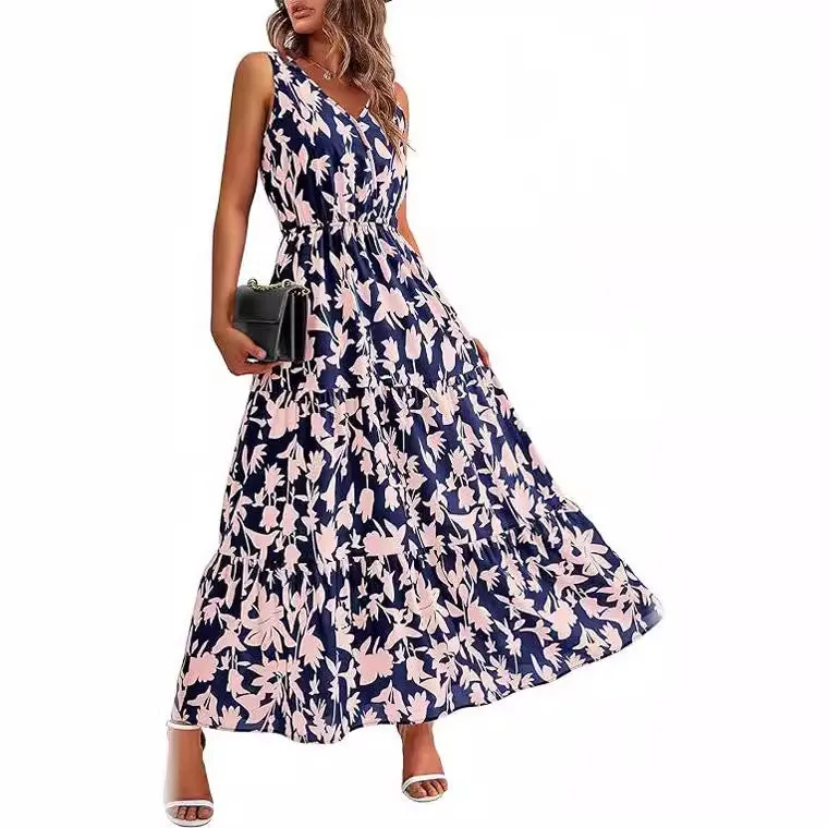 Women's V-Neck Sleeveless Printed Maxi Dress