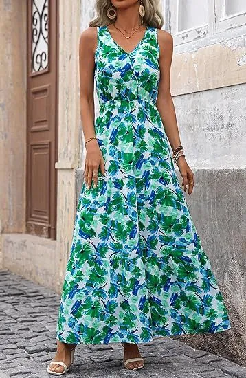 Women's V-Neck Sleeveless Printed Maxi Dress