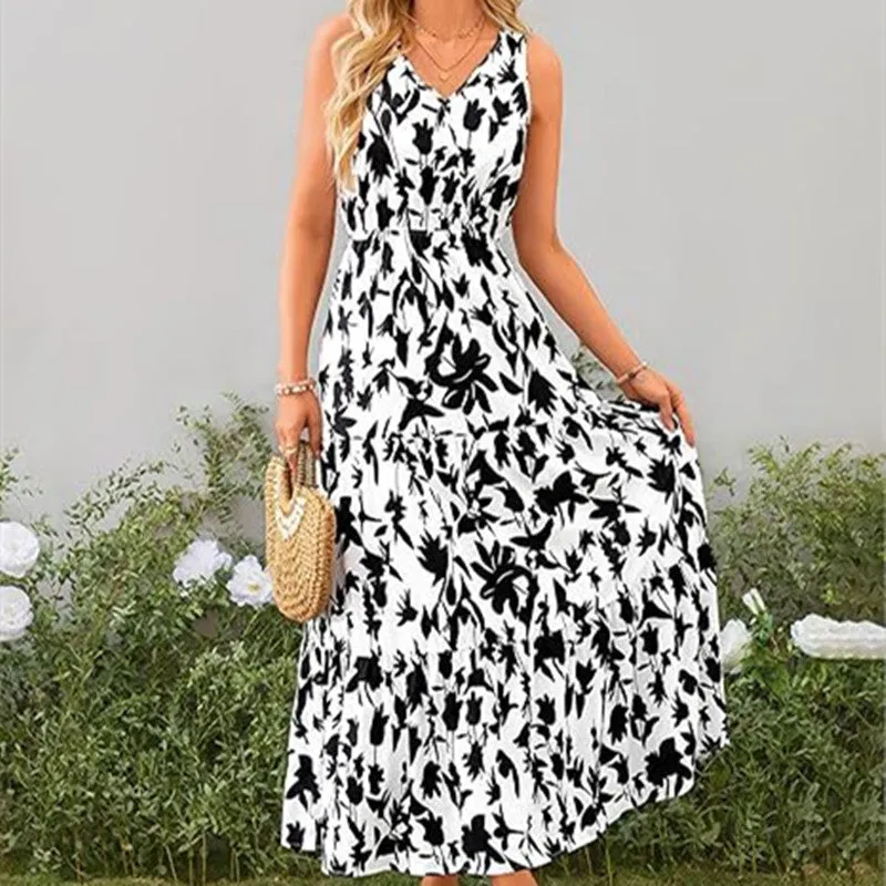 Women's V-Neck Sleeveless Printed Maxi Dress