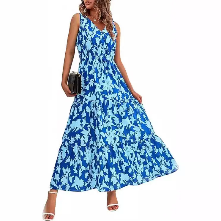Women's V-Neck Sleeveless Printed Maxi Dress
