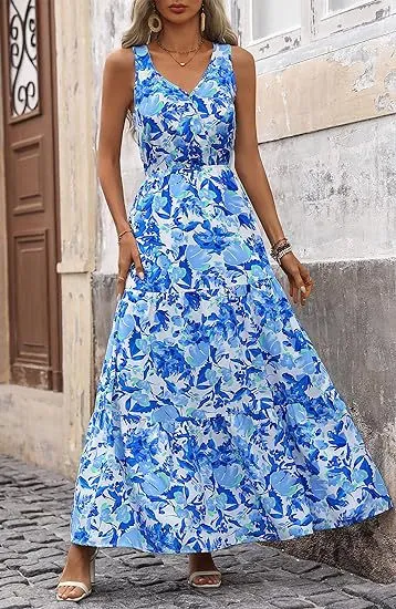 Women's V-Neck Sleeveless Printed Maxi Dress
