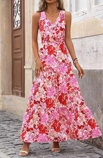 Women's V-Neck Sleeveless Printed Maxi Dress