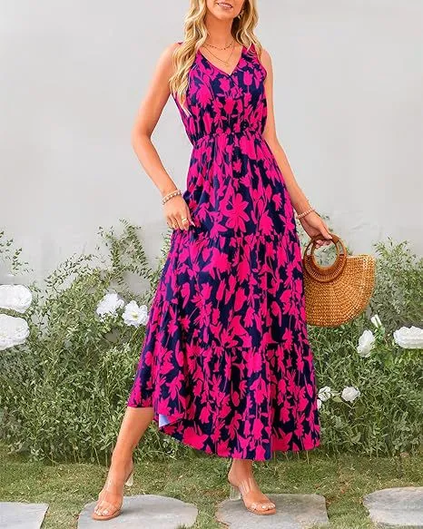Women's V-Neck Sleeveless Printed Maxi Dress