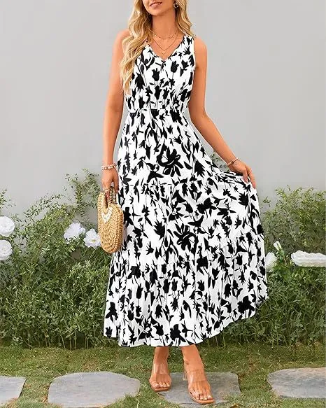 Women's V-Neck Sleeveless Printed Maxi Dress