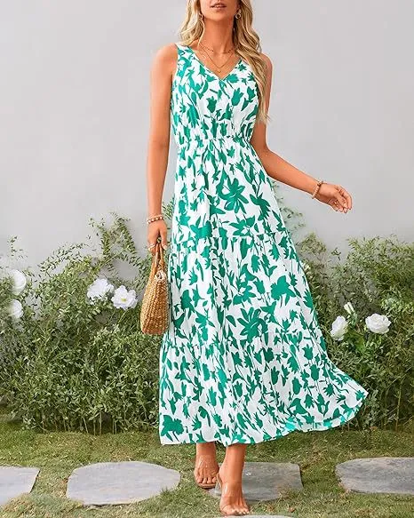 Women's V-Neck Sleeveless Printed Maxi Dress