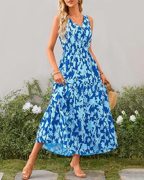 Women's V-Neck Sleeveless Printed Maxi Dress