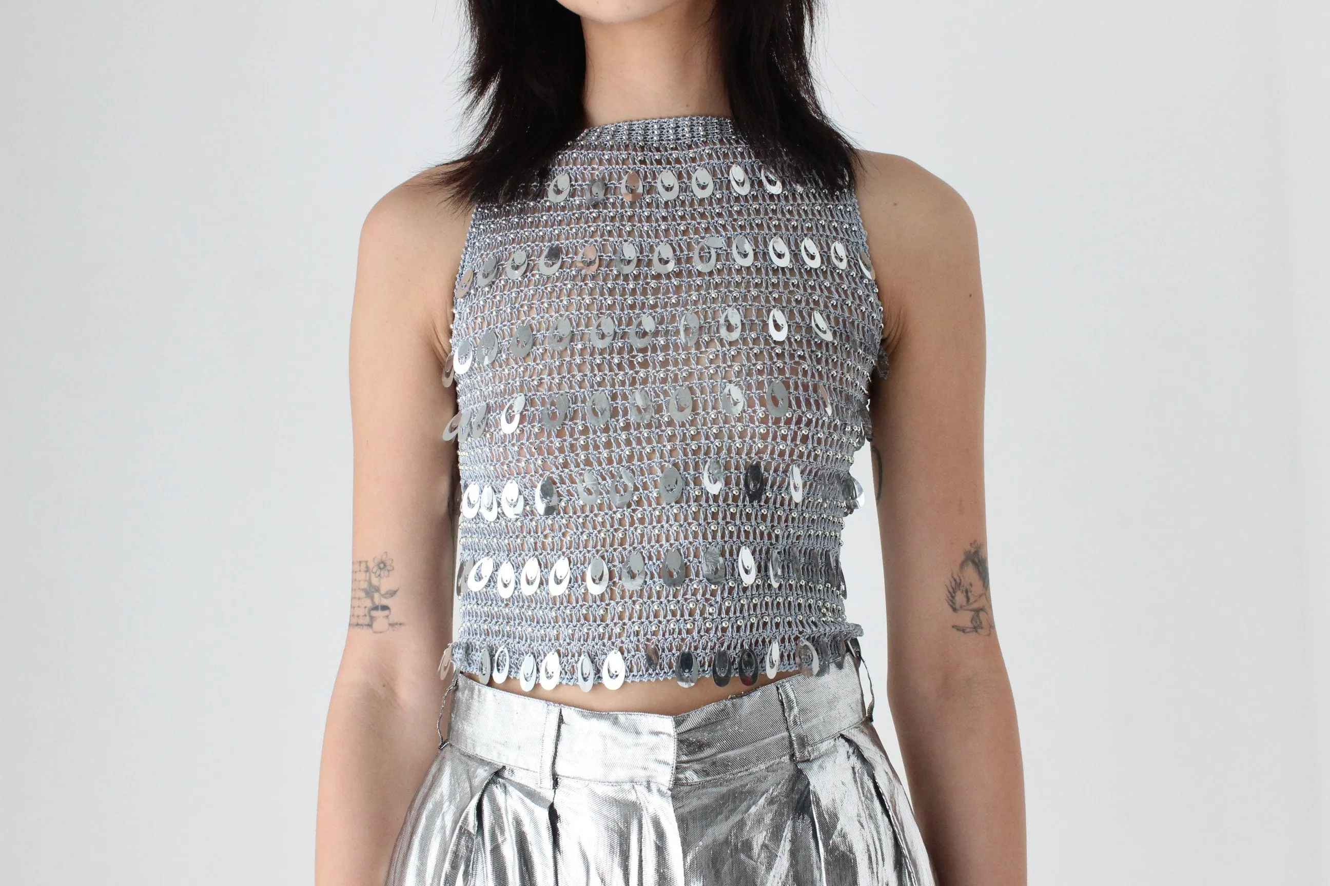 Y2K Crochet Knit & Pailette Sequin Discoball Party Crop Top